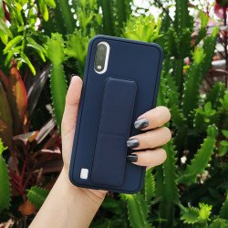 PU Leather Hand Grip Kickstand Case for Samsung Galaxy A21 (Navy Blue)